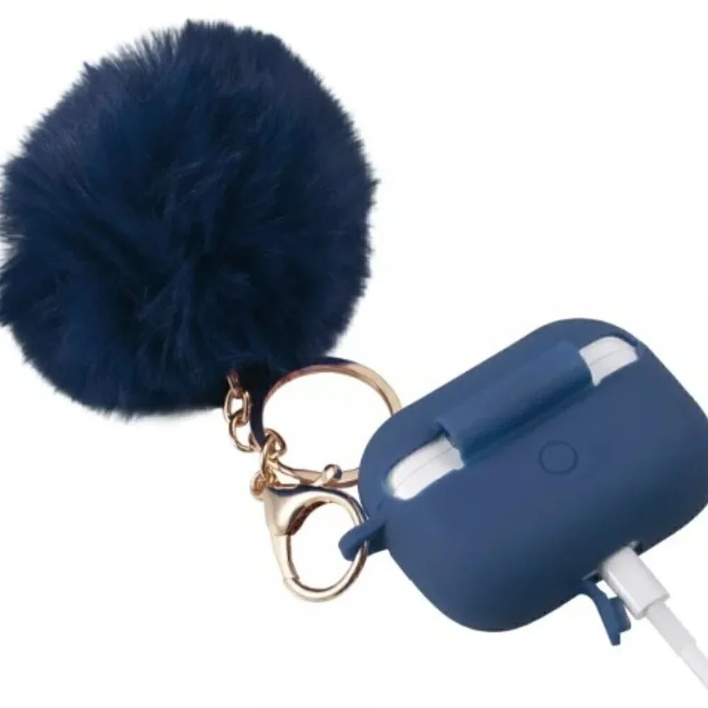PREMIUM SILICONE CASE FOR EARPODS BUDS WITH POM POM KEYCHAIN & ANTI-LOST STRAP,